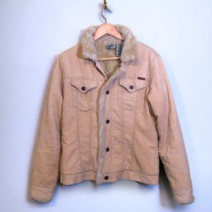 Y2K Roxy Jean Womens Beige Corduroy Winter Jacket w/ Fur Lining Snap Buttons